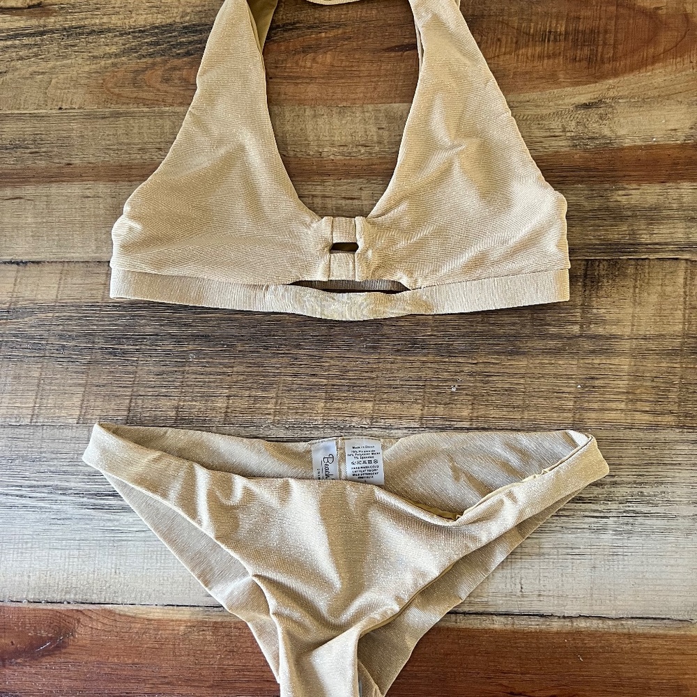 Beach Bunny Shimmery Gold Halter Bikini Set